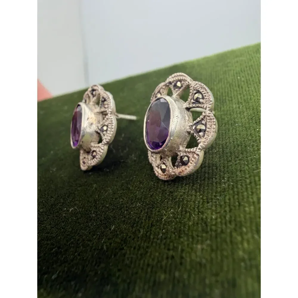 Vintage signed 925 silver luxury Marcasite large earrings with amethyst